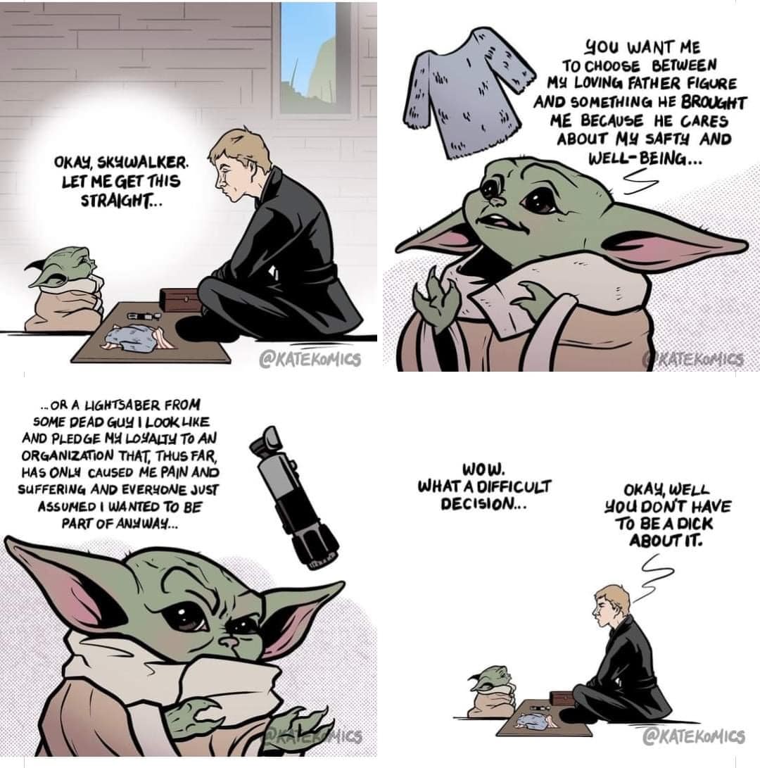 The meme is a picture of a scene from the movie "The Empire Strikes Back" where Darth Vader says "No, I am your father" to Luke Skywalker. The image has been reimagined with a young Luke Skywalker sitting across from a young Darth Vader, with the caption "Dad, I know you're my father, but I'm having a bit of a problem with the whole 'sith lord' thing".